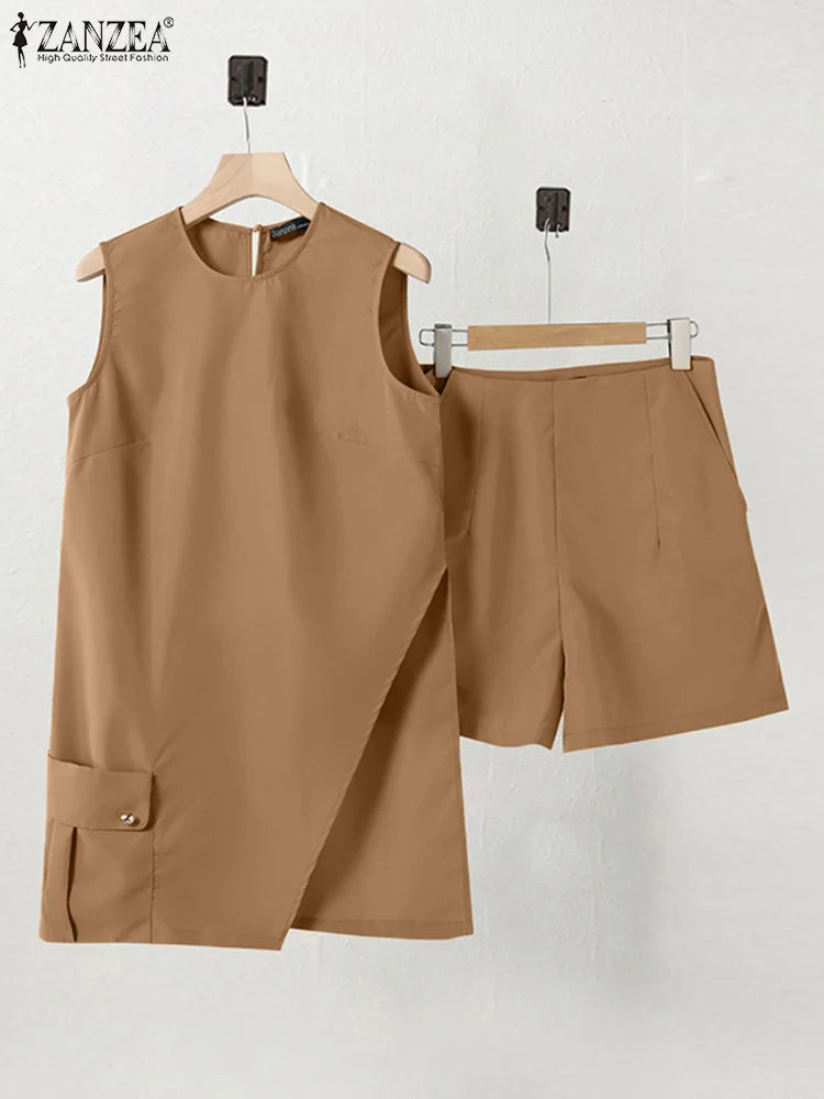2pcs Outfits Casual Hem Tanks Tracksuits Shorts Suits
