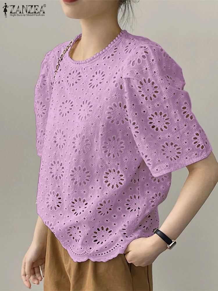 Korean Fashion Hollow Out Embroidery Blouses