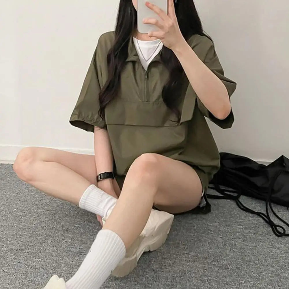 Two Pieces Sets Turtleneck Zipper T-shirts Shorts Sportswear