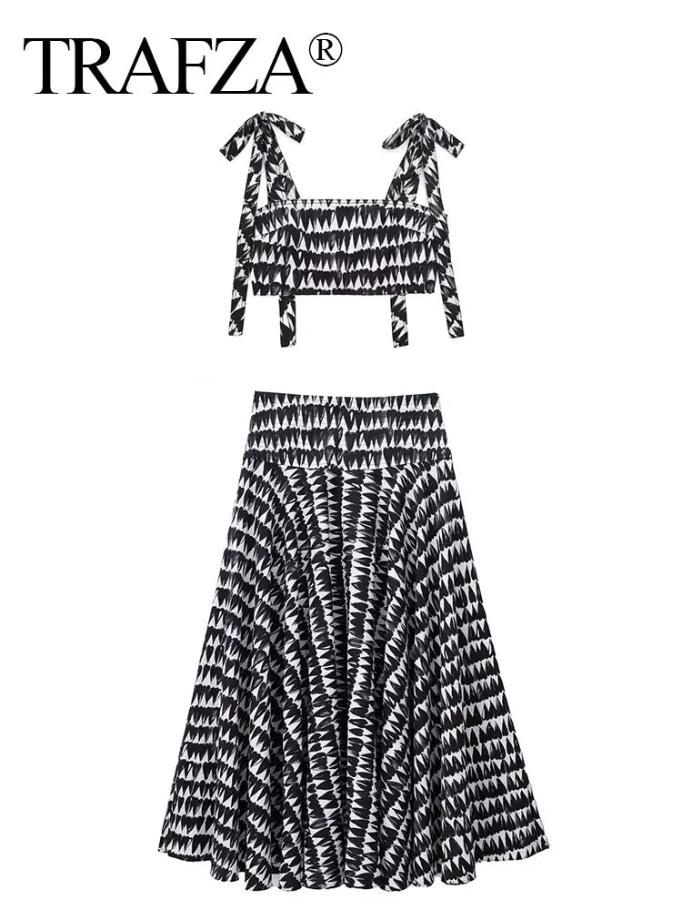 Fashion Print Skirts Suit Sexy Backless Sleeveless Slim Corset Crop Top