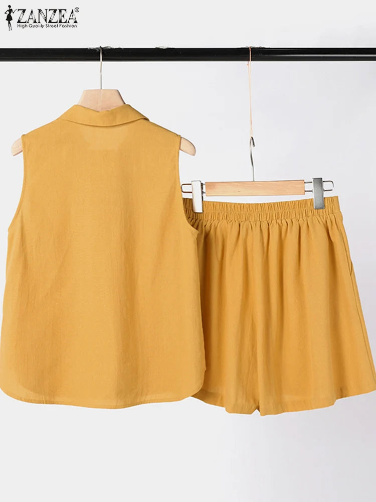 Loose Short Sets and Fashion Lapel V Neck Tanks