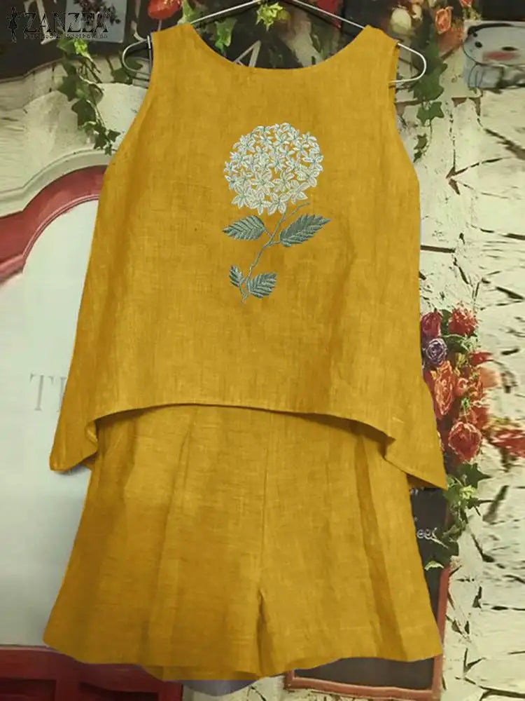Short Sets Vintage Embroidery Floral Trousers Suits