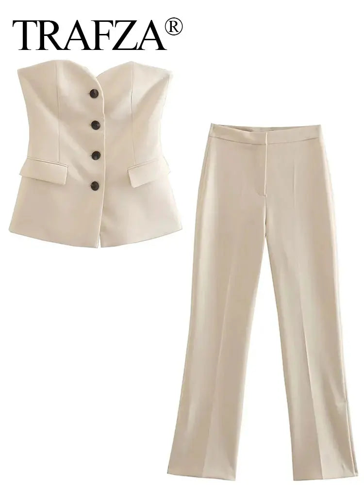 Elegant Pant Suit Front Button Strapless Sexy Tank Tops + Side Slit Trouser