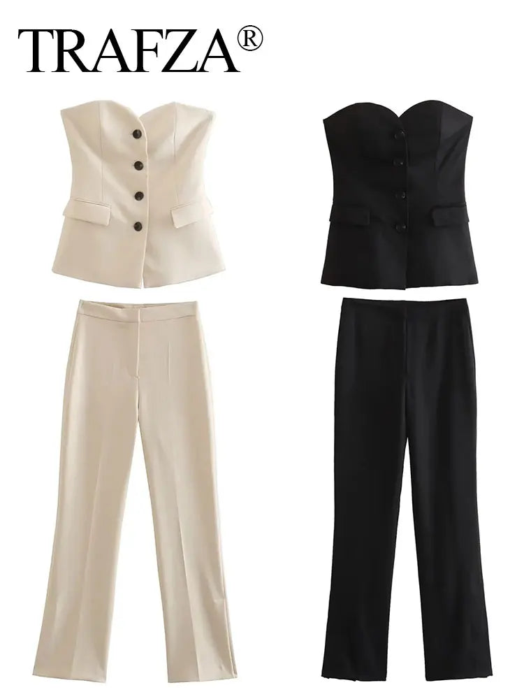 Elegant Pant Suit Front Button Strapless Sexy Tank Tops + Side Slit Trouser