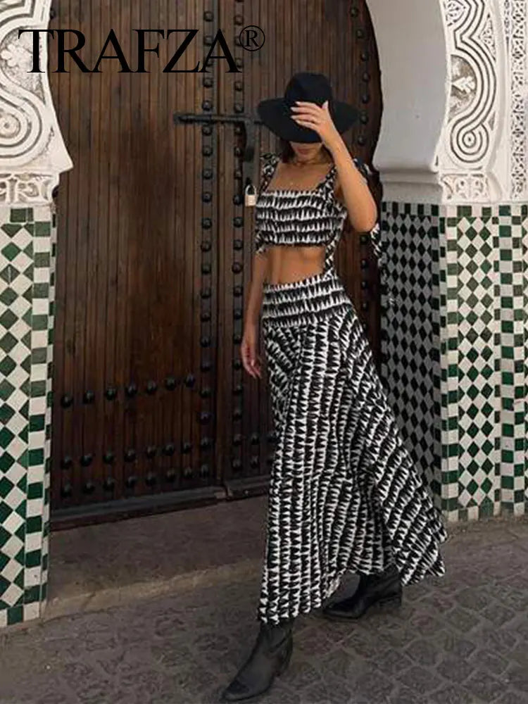 Fashion Print Skirts Suit Sexy Backless Sleeveless Slim Corset Crop Top