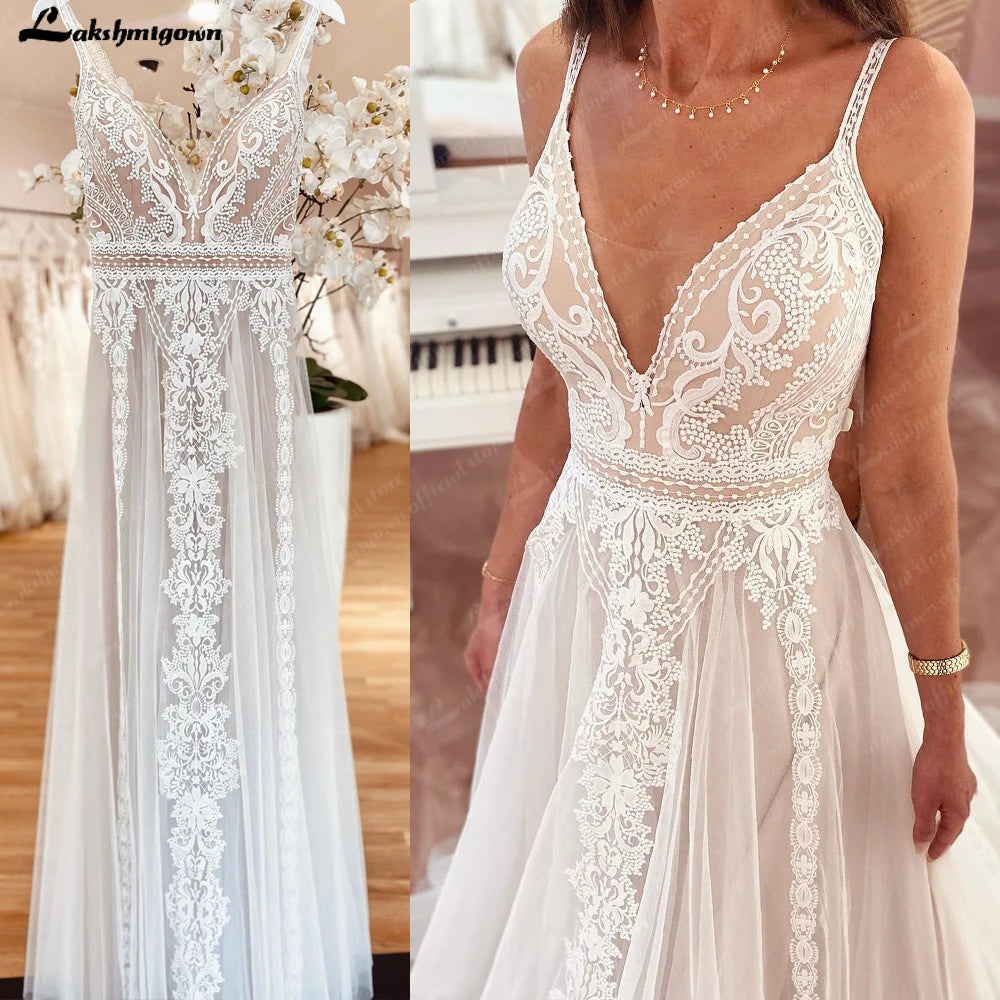 Plunging V Bohemian Wedding Dress Customized Vestido Noiva Summer A Line Boho Wedding Gown V Neck Lace Open Back