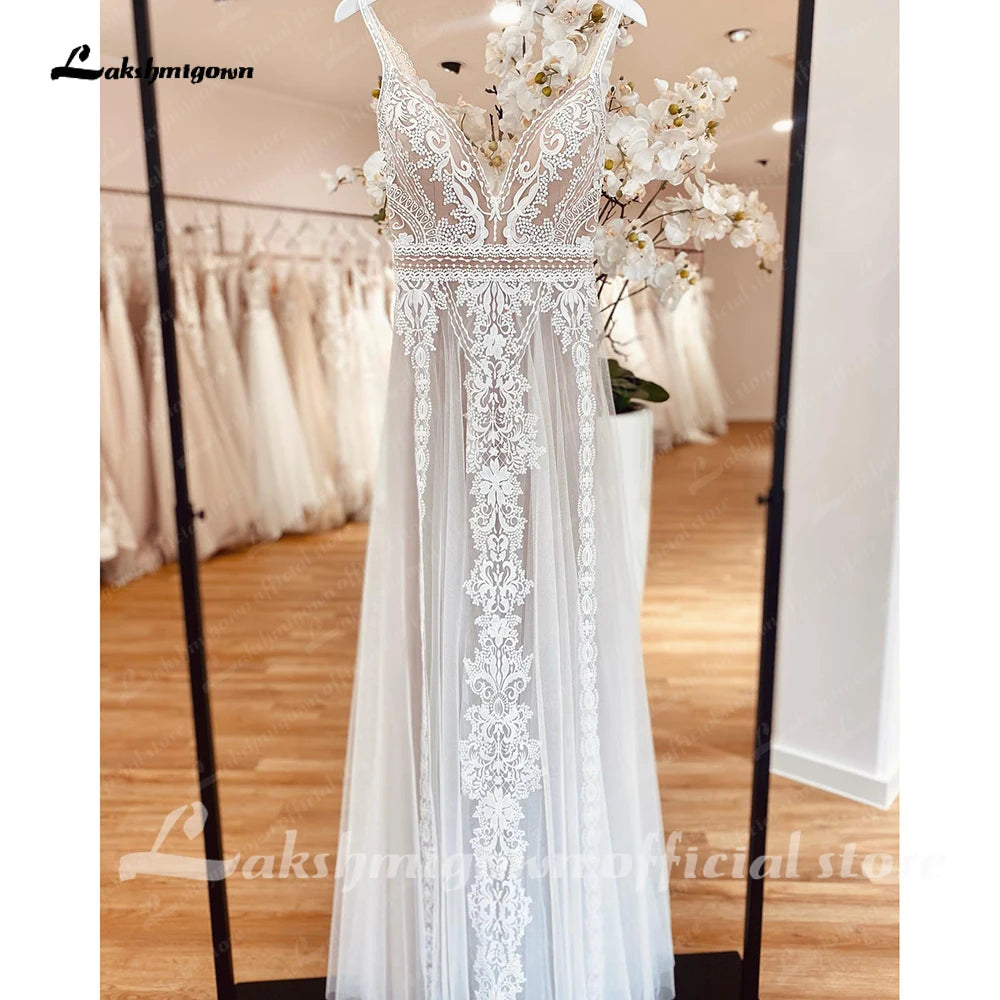 Plunging V Bohemian Wedding Dress Customized Vestido Noiva Summer A Line Boho Wedding Gown V Neck Lace Open Back