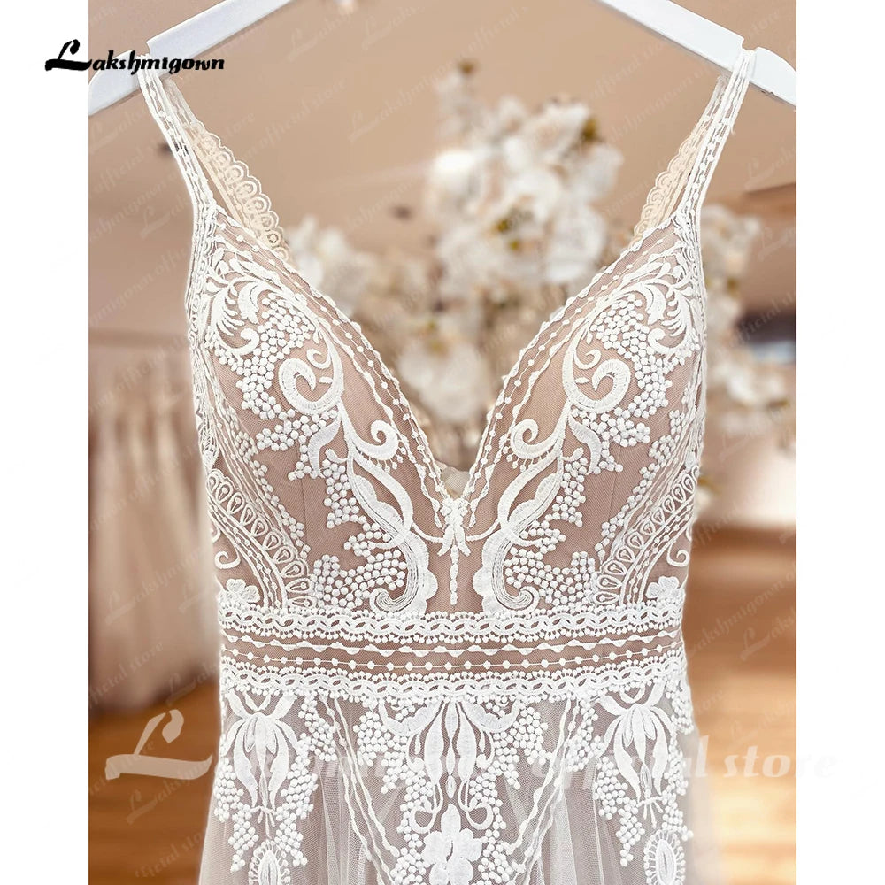 Plunging V Bohemian Wedding Dress Customized Vestido Noiva Summer A Line Boho Wedding Gown V Neck Lace Open Back