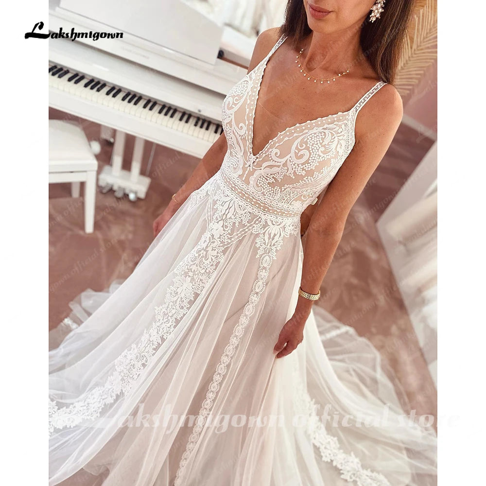 Plunging V Bohemian Wedding Dress Customized Vestido Noiva Summer A Line Boho Wedding Gown V Neck Lace Open Back