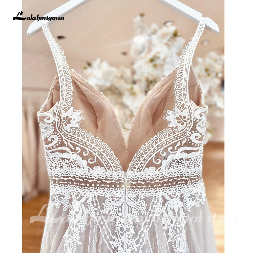 Plunging V Bohemian Wedding Dress Customized Vestido Noiva Summer A Line Boho Wedding Gown V Neck Lace Open Back