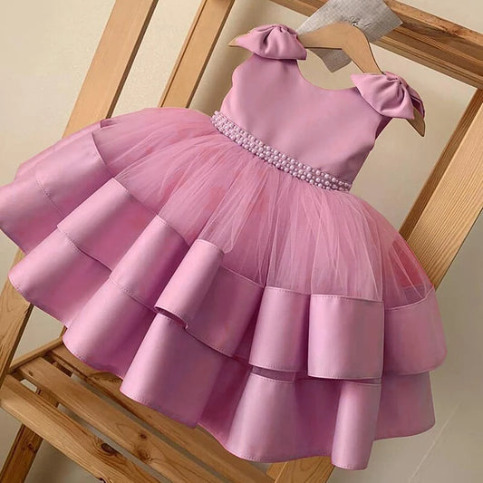 Toddler Girl Tulle Bow Dress Baby Elegant Princess Baptism Wedding Tutu Dresses Kids Prom Children Formal Party Clothes 3 8 Year