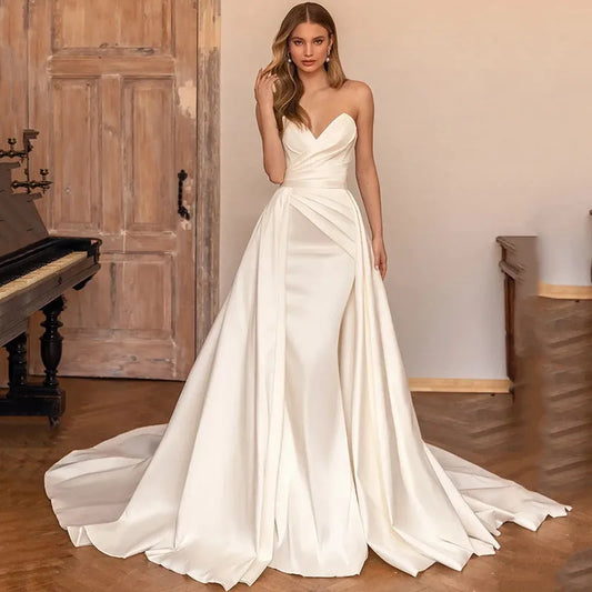 Elegant Ivory Detachable Train Wedding Dresses Mermaid Satin Church Bride Dress 2022 Women Wedding Gowns Vestido de Noiva Sereia