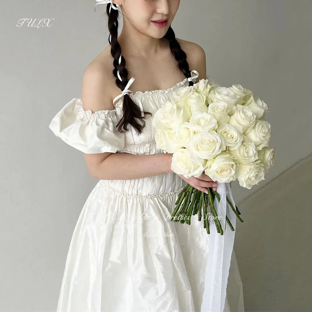 Korea Garden Photoshoot Strapless Pleat Wedding Dresses A-Line Puffy Sleeves Taffeta Pretty Bride Gowns Corset 웨딩드레스 Custom