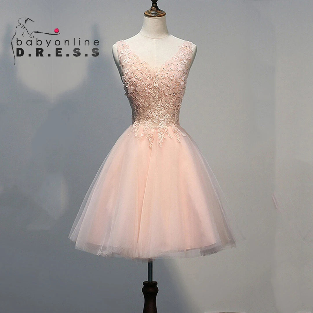 Fashion V Neck Lace Appliques A line Tulle Short Prom Party Gowns Formal Occasion Dress Cocktail