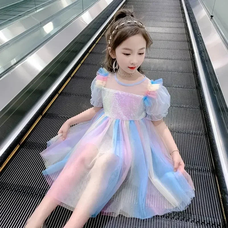 2022 New Girl Summer Dress For 4 6 8 10 12 Years Iridescent Girls Clothing Kids Birthday Party Princess Costume Children Dresses