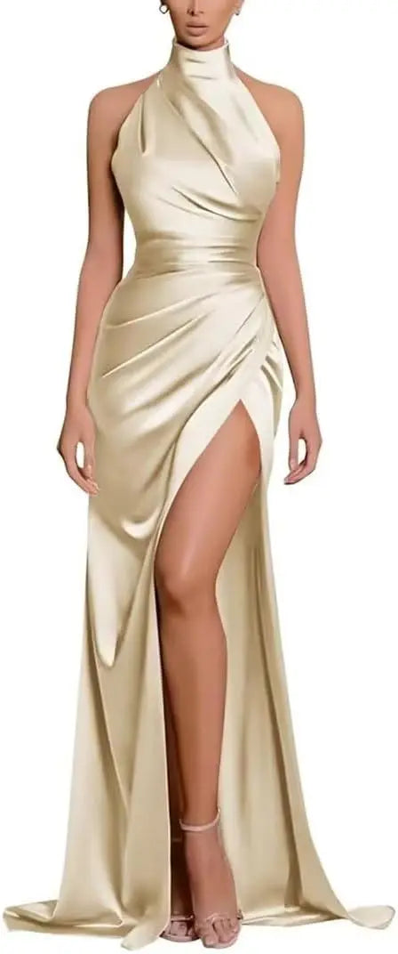 Elegant Long Evening Dresses Halter Satin Pleat Prom Gowns Cocktail Party Sexy High Slit Formal Vestido De Noche Customized