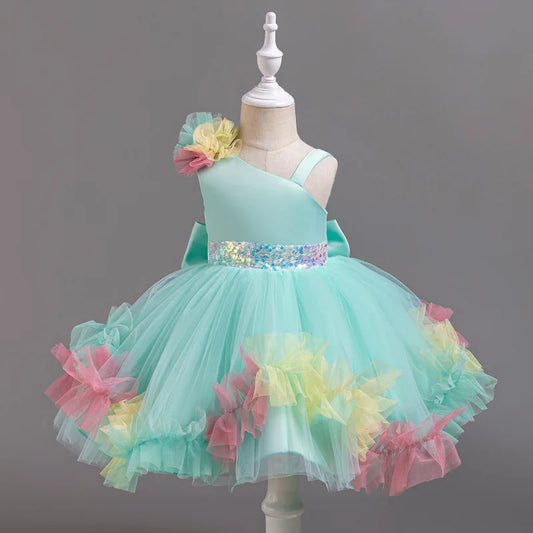 Elegant Dresses Colorful Tutu Baby Girl Dress Sequined Sash Children's Wedding Party Gown 1-6 Years