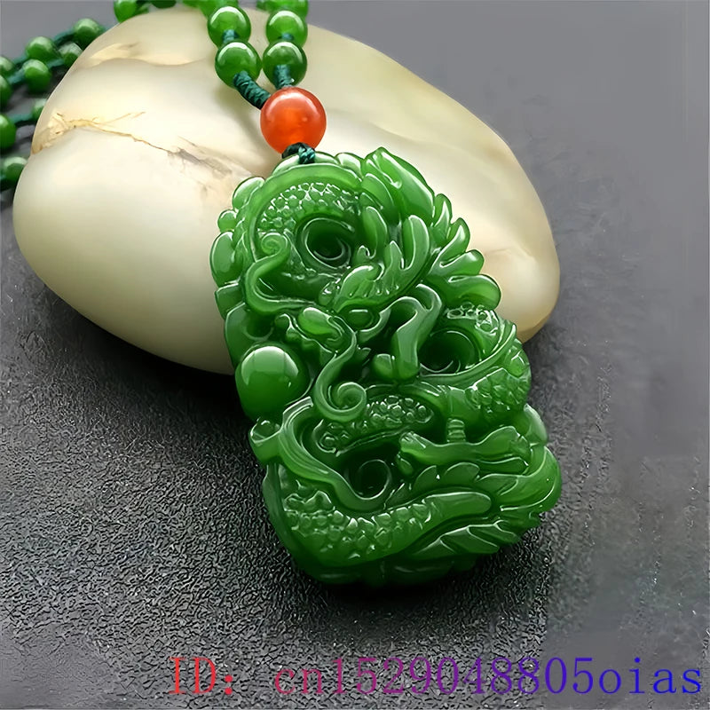 Fashion Natural Green Jade Dragon Pendant Beads Necklace