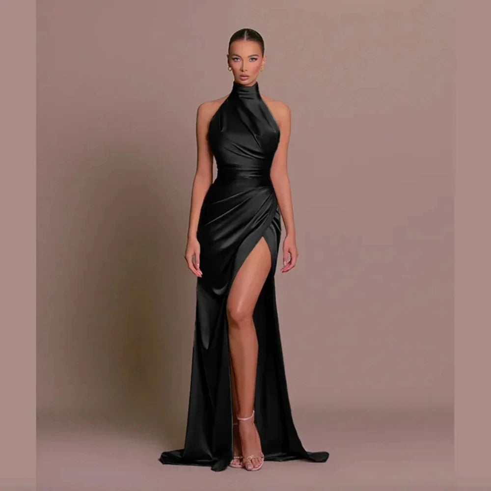 Elegant Long Evening Dresses Halter Satin Pleat Prom Gowns Cocktail Party Sexy High Slit Formal Vestido De Noche Customized