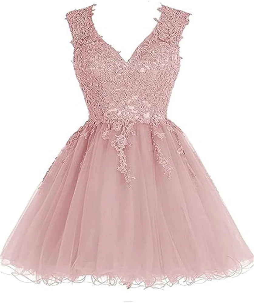 Lace Appliques Homecoming Dresses for Teens Mini V-Neck Backless Prom Dress