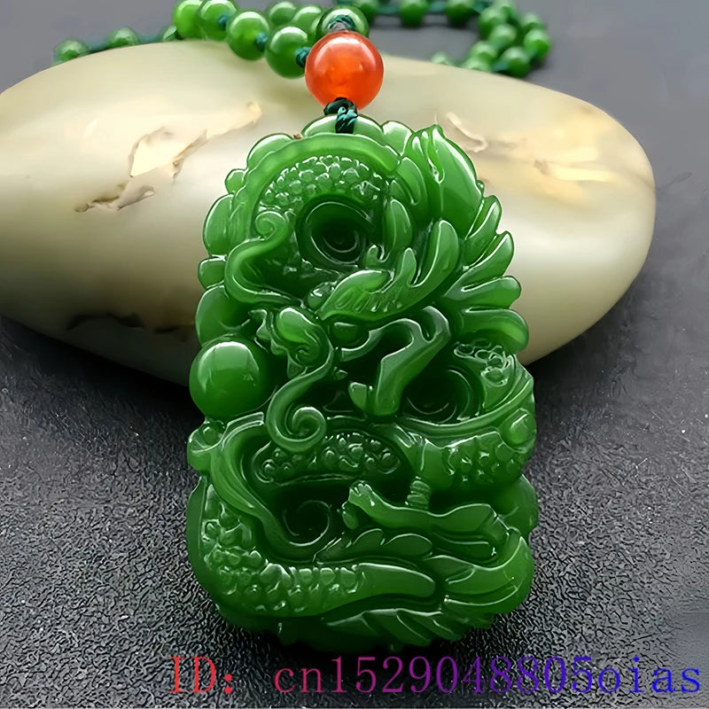 Fashion Natural Green Jade Dragon Pendant Beads Necklace