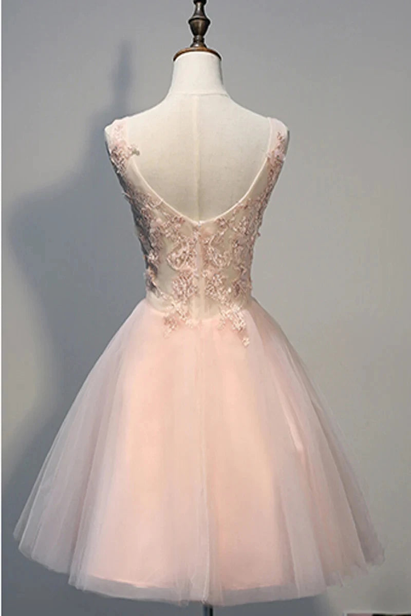 Fashion V Neck Lace Appliques A line Tulle Short Prom Party Gowns Formal Occasion Dress Cocktail