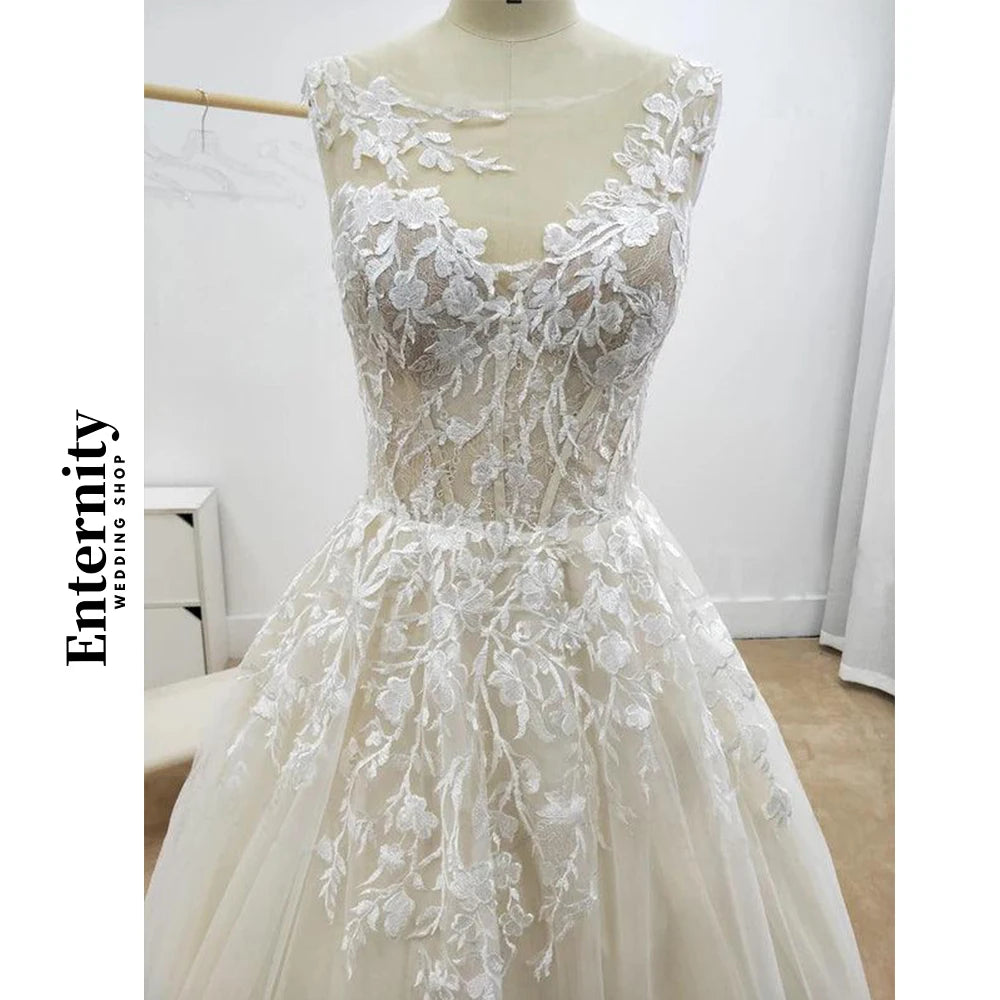 Customized Wedding Dresses Elegant Sleeveless Womens Dresses Floral Lace Applique Backless Bride Dresses Vestidos Para Mujer