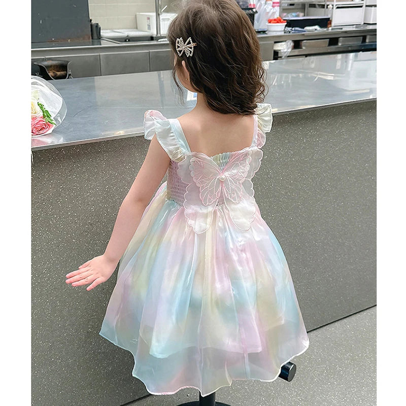 Princess Pearl Decoration Summer Dress For Girl 1-8Y Gradient Rainbow Butterfly Decoration Mesh Girls Dress Kids Party Clothes