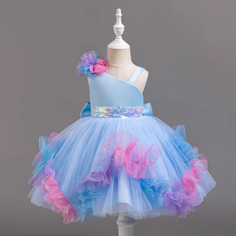 Elegant Dresses Colorful Tutu Baby Girl Dress Sequined Sash Children's Wedding Party Gown 1-6 Years