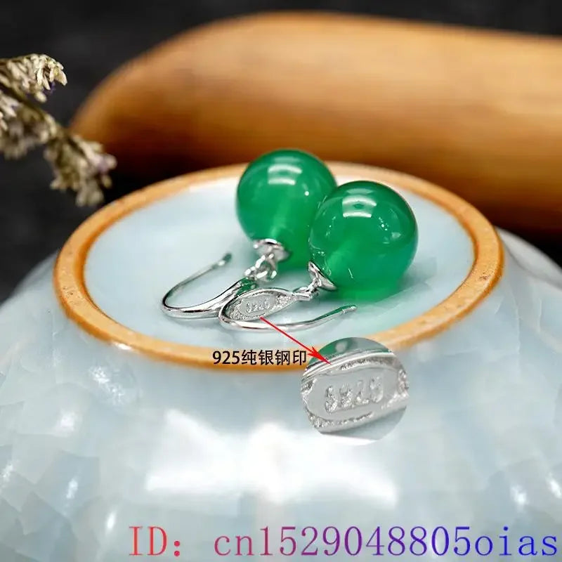 Green Real Jade Bead Earrings 925 Silver Gift Talismans Designer Carved