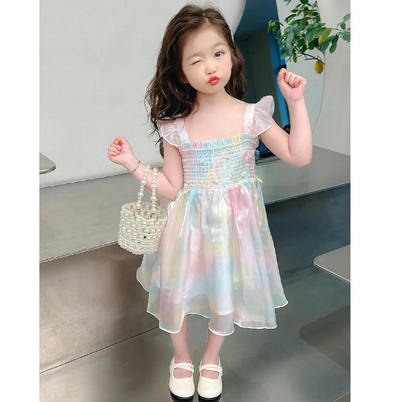 Princess Pearl Decoration Summer Dress For Girl 1-8Y Gradient Rainbow Butterfly Decoration Mesh Girls Dress Kids Party Clothes