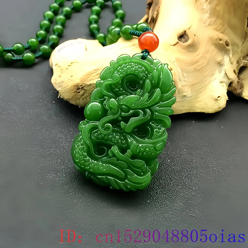 Fashion Natural Green Jade Dragon Pendant Beads Necklace