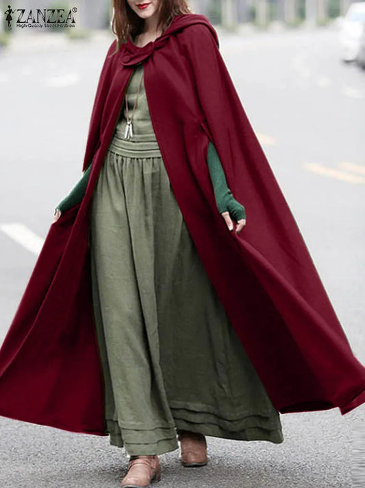 Fashion Long Cape Cloak Hooded Wool Blend Cloak Coat