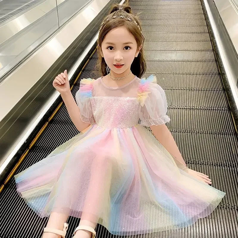 2022 New Girl Summer Dress For 4 6 8 10 12 Years Iridescent Girls Clothing Kids Birthday Party Princess Costume Children Dresses