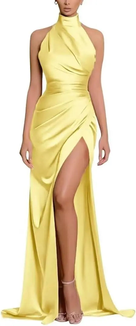 Elegant Long Evening Dresses Halter Satin Pleat Prom Gowns Cocktail Party Sexy High Slit Formal Vestido De Noche Customized