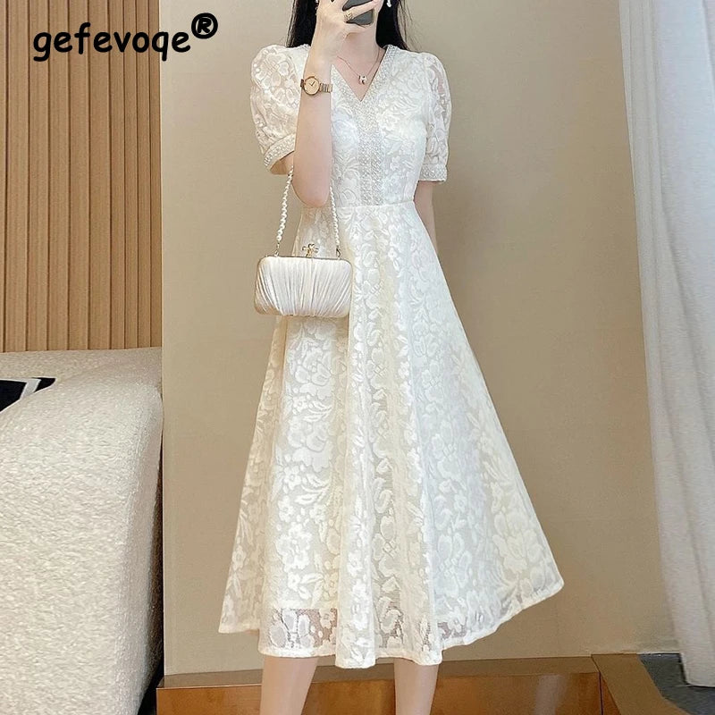 Retro Lace Sequins Beaded Chic Elegant White Party Dresses