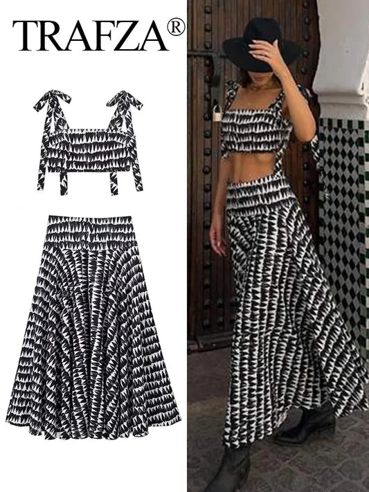 Fashion Print Skirts Suit Sexy Backless Sleeveless Slim Corset Crop Top