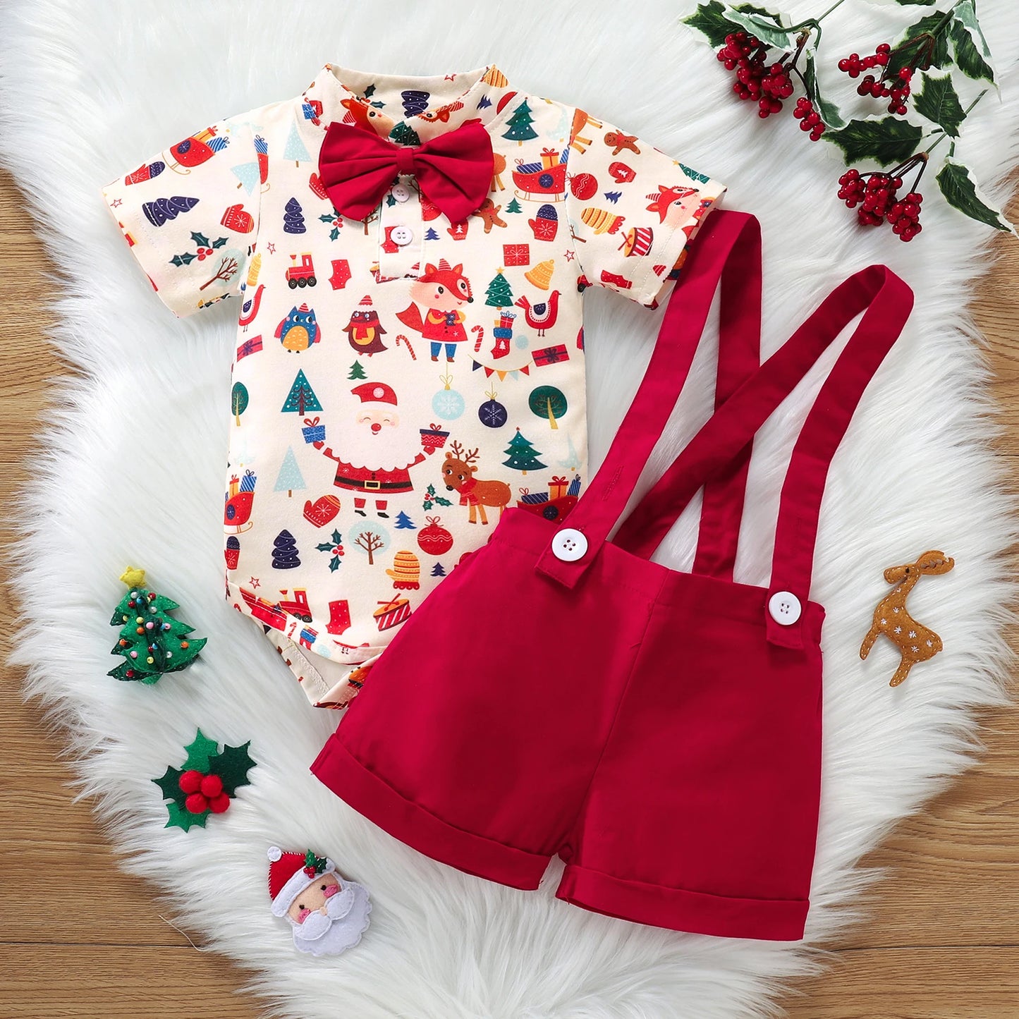 Christmas Suit Infant Bow Short Sleeve Polo Romper + Brace Shorts Set