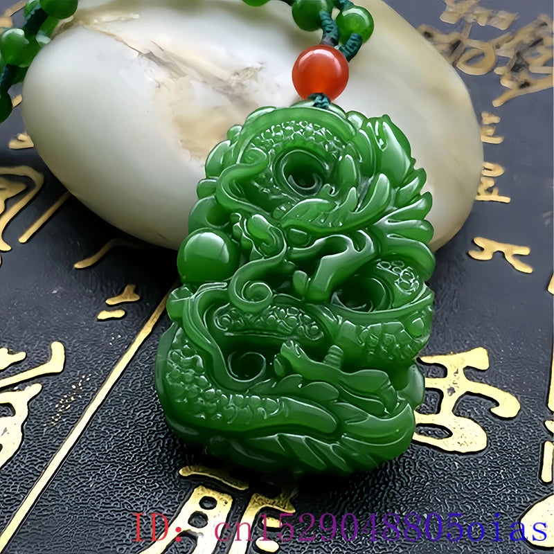 Fashion Natural Green Jade Dragon Pendant Beads Necklace