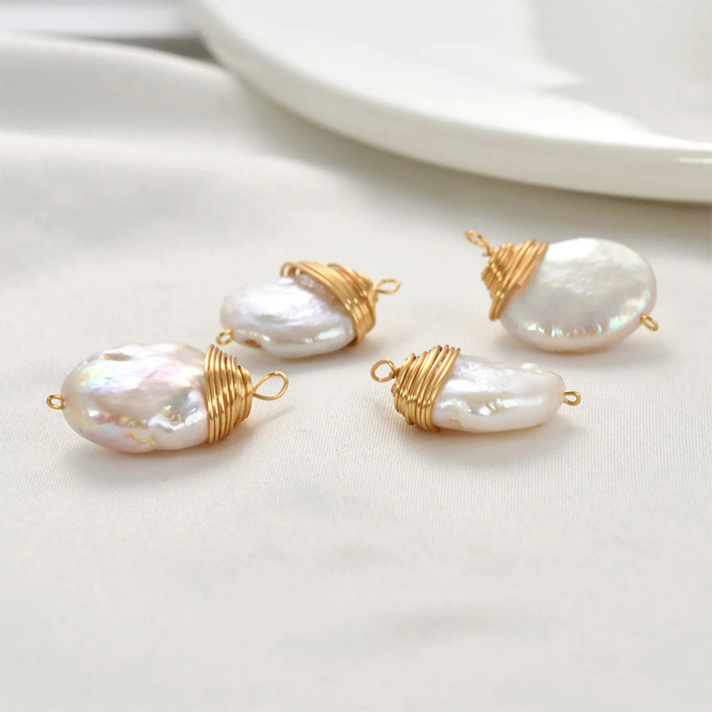 1pc Brass Charms Gold Color Wire Wrapped White Baroque Natural Pearl Pendants and Earrings