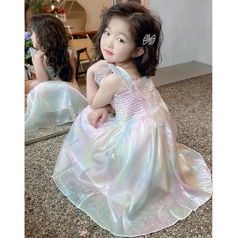 Princess Pearl Decoration Summer Dress For Girl 1-8Y Gradient Rainbow Butterfly Decoration Mesh Girls Dress Kids Party Clothes