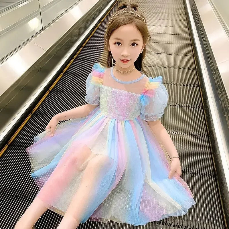 2022 New Girl Summer Dress For 4 6 8 10 12 Years Iridescent Girls Clothing Kids Birthday Party Princess Costume Children Dresses