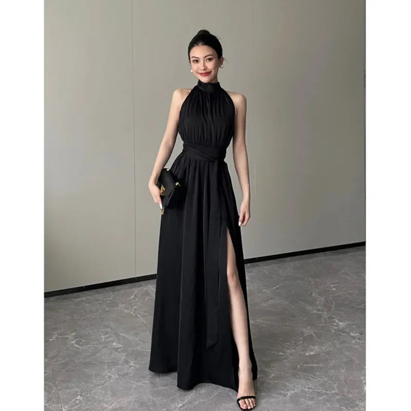 Elegant Black Dress Luxury Sleeveless Socialite Style Long Dress