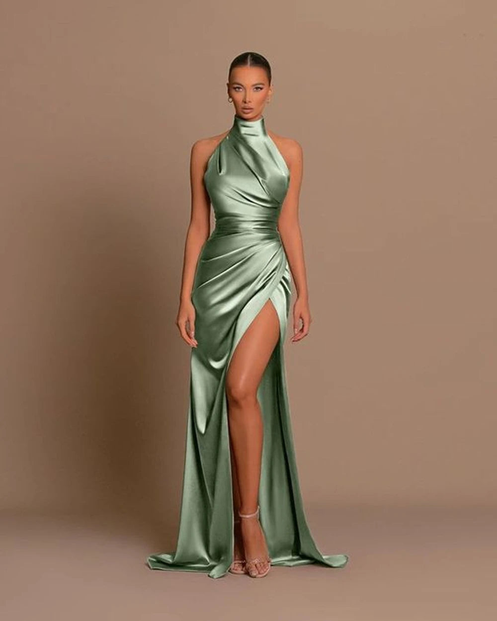 Elegant Long Evening Dresses Halter Satin Pleat Prom Gowns Cocktail Party Sexy High Slit Formal Vestido De Noche Customized