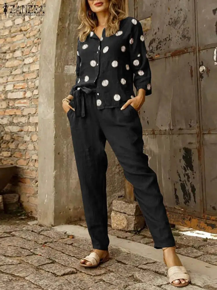 Casual Belted Elastic Waist Trouser Pantsuits O-neck 3/4 Sleeve Polka Dot Shirt