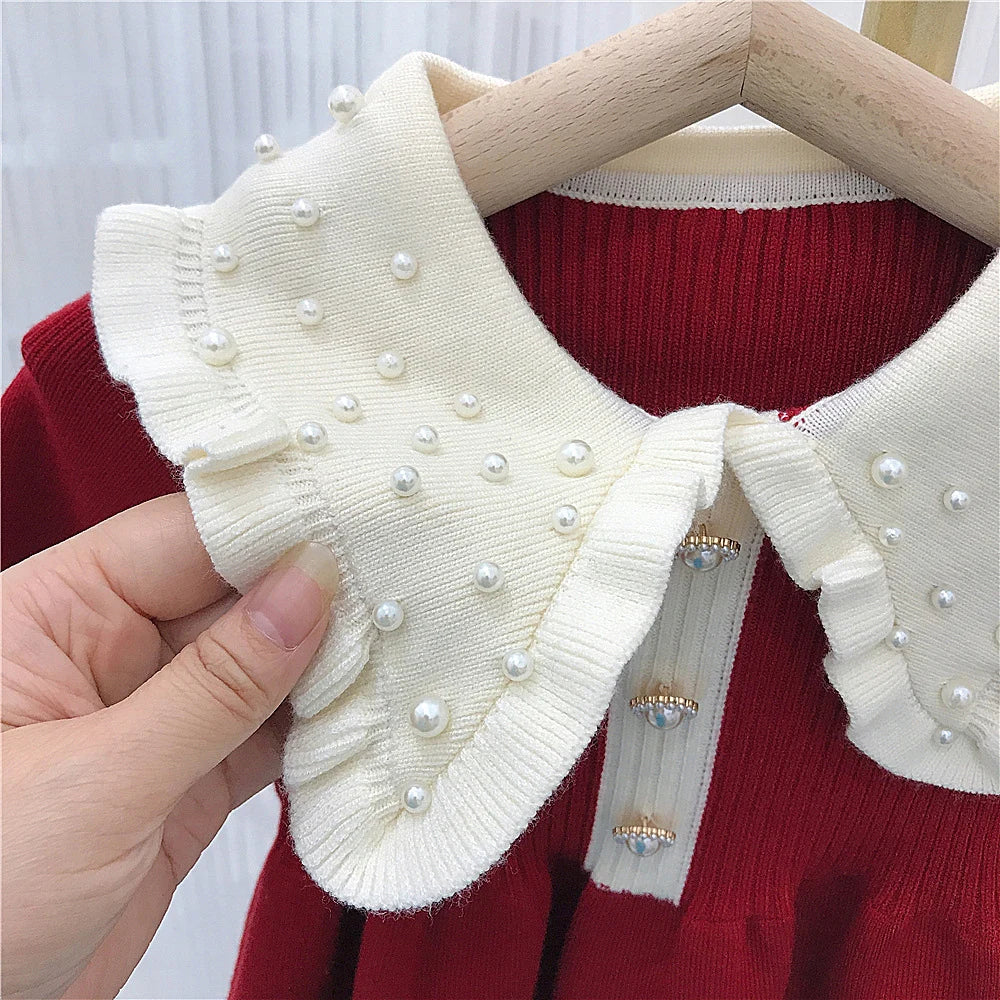 Girls Sweater Dresses Autumn Winter Kids Merry Christmas Pearl Beading Peter Pan Collar Long Sleeve Red Knitted Sweaters Dress