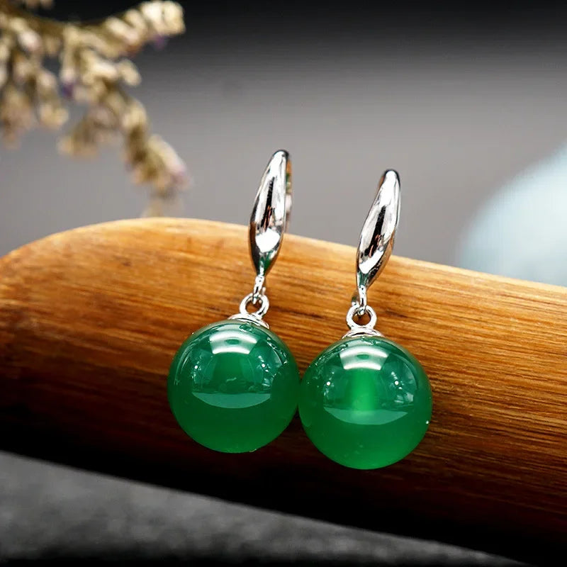 Green Real Jade Bead Earrings 925 Silver Gift Talismans Designer Carved