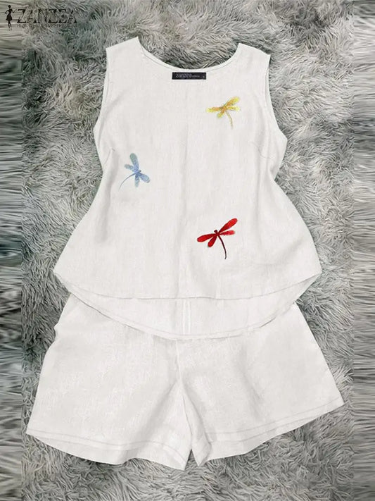 Holiday 2pcs Outfits Dragonfly Embroidery Tanks