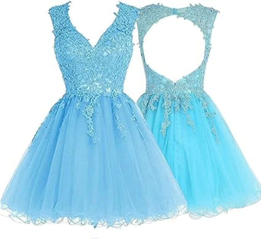 Lace Appliques Homecoming Dresses for Teens Mini V-Neck Backless Prom Dress