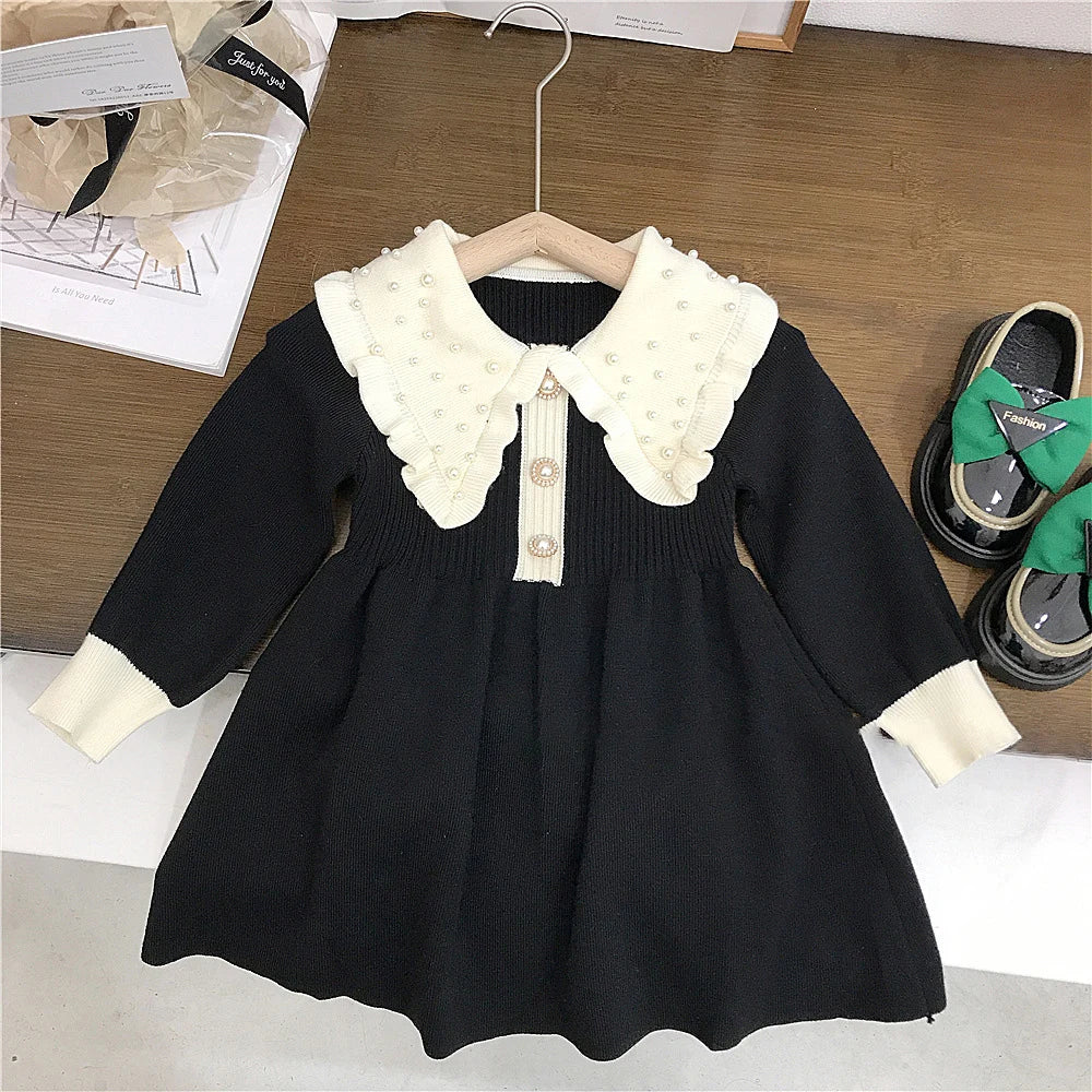 Girls Sweater Dresses Autumn Winter Kids Merry Christmas Pearl Beading Peter Pan Collar Long Sleeve Red Knitted Sweaters Dress